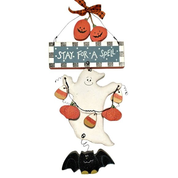 Vintage Halloween Sign Stay For A Spell Wood Ghost Pumpkins Bat Country Folk Art - Picture 7 of 7